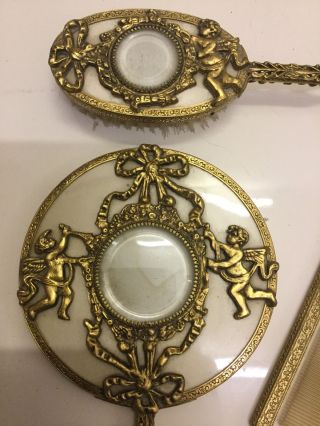 Fabulous 3pc Cherubs Vanity Set Gold Plated Hand Mirror Brush Comb