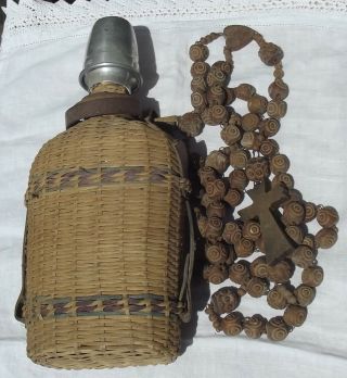Antique French Nun / Priest Pilgrimage Kit Wooden Rosary And Holy Water Flask