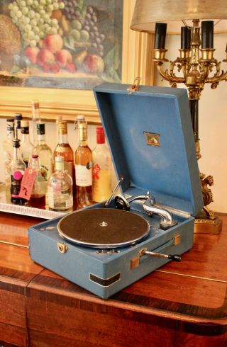 A Good Antique 1940s Hmv 97b Gramophone In Blue,  Lovely Bright Sound