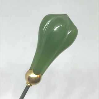 Antique Hat Pin 14k Solid Gold Cup Holds Sculptured Jade Bud - Torch.  Collectible