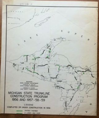 Michigan State Trunkline Highway Road Construction Map 1956 - 59 Transportation