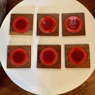 Set 6 Vintage Mid Century Modern Orange Red Copper Enamel & Teak Wood Coasters