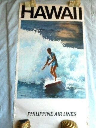 C 1970s Vintage Philippines Airlines Poster Hawaii Surfer Surfing Travel