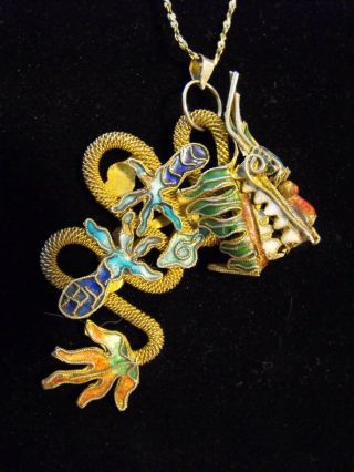Vintage Chinese Brass & Cloissone Dragon Pendant Necklace Double - Sided