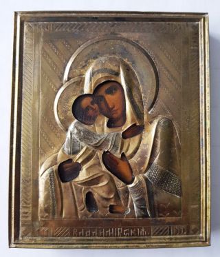 Antique 19th C Russian Hand Painted Icon Vladimir Mother Of God In Brass Riza