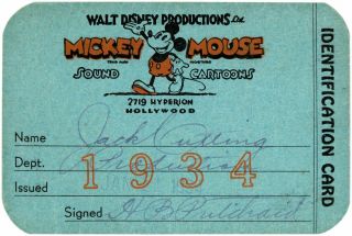 1934 Walt Disney Studios Employee I.  D.  Card Of Jack Cutting 1930 