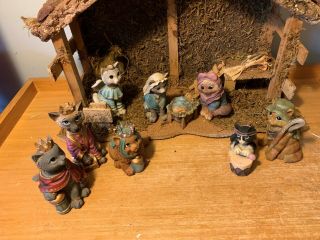 Kitty Cat Nativity Manger Scene Set 9 Figurines Resin W/ Stable Christmas