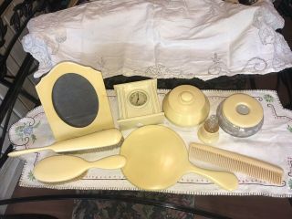 Antique Early 1900’s 8 Piece Celluloid French Ivory Dresser Set With Clock