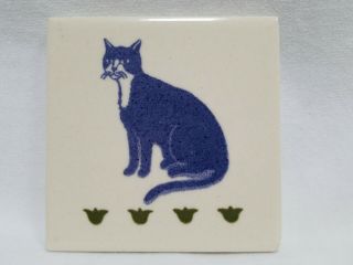 Blue Cat Tulip Border Trivet White Ceramic Square Dale Tile D2 Northwood Nh Usa