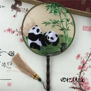 Chinese 3d Lifelike Panda Double Side Su Embroidery Silk Hand Fan