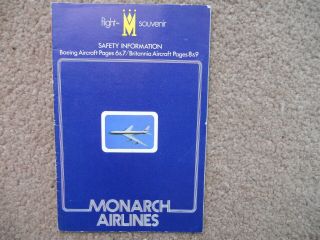 Monarch Airlines Boeing 707 Britannia Flight Information.  And Safety Instructions