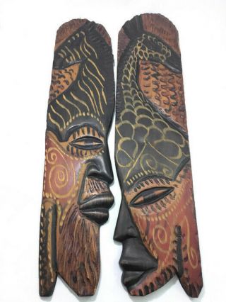 Vintage Hand Carved Wood African Wall Masks Male & Female & Deer