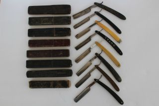 Antique Set Of 8 Straight Razors And Boxes