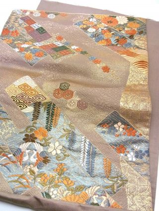 Japanese Kimono Obi Fabric Panel 33 " _silk,  Smoky - Beige,  Gold,  Tanzaku,  O189 - C