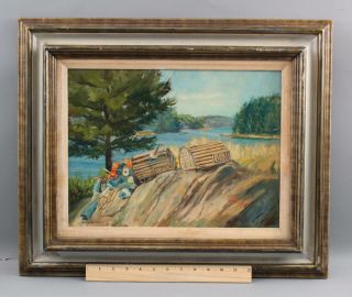 George Chapman Booth Bay Harbor Maine Landscape & Lobster Traps Oil Painting