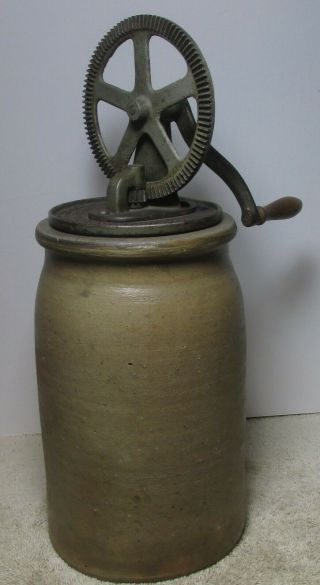 Rare Early Butter Churn - Stoneware Crock With Cast Iron Crank & Porcelain