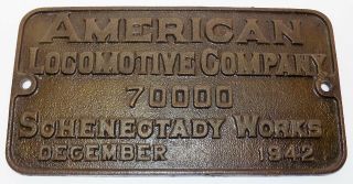 American Locomotive Company 70000 Schenectady Builders Plate 1942