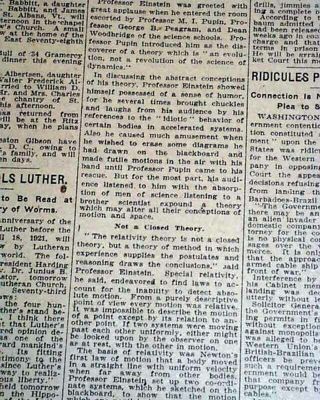 ALBERT EINSTEIN Theory of Relativity Lecture 1st Visit to America 1921 Newspaper 2