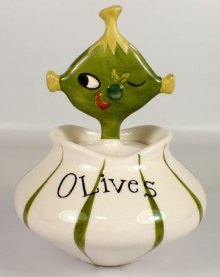 Vtg 1958 Holt Howard Pixieware Ceramic Green & White Olives Jar & Pick Fork Lid