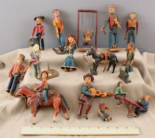 15 Hand Carved Painted 1950s Folk Art,  Western Cowboy Horses Mechanical Diorama