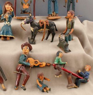 15 Hand Carved Painted 1950s Folk Art,  Western Cowboy Horses Mechanical Diorama 2