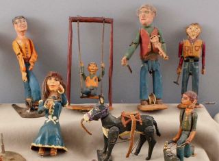15 Hand Carved Painted 1950s Folk Art,  Western Cowboy Horses Mechanical Diorama 3