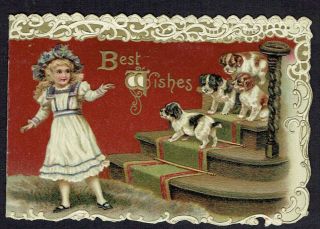 Helena Maguire Artist Victorian Christmas Card Girl & Puppy Dogs Davidson Emboss