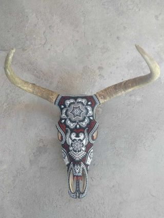 Exceptional Huichol Hand Beaded Mexican Folk Art Authentic Bull Skull.  Pp1024