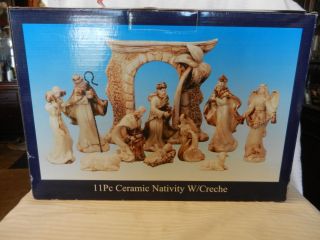 11 Piece Painted Ceramic Nativity Figurine Set With Creche 10704548