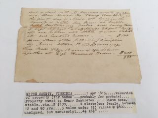 1815 Manuscript Wythe County,  Virginia Valuation Of Property Including Slaves