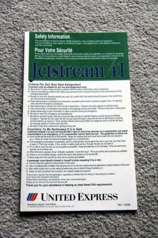 United Express (operated By Atlantic Coast) Bae Jetstream 41 Safety Card
