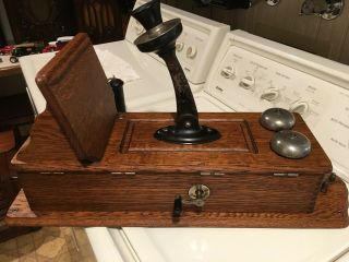 Antique Oak Wall Telephone Made By The Dean Co.  Cathedral Top,