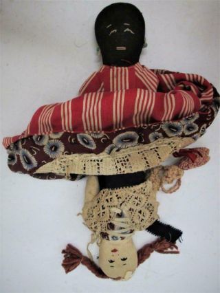 Antique 1800s Cloth Topsy Turvy Black - White Americana Primitive Folk Art Doll 17
