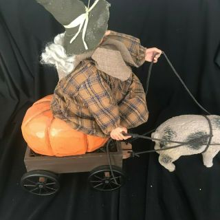 Bethany Lowe Halloween Witch on Pumpkin in Wagon Drawn by Pig Unmarked Rare 5