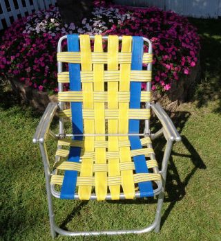 Vintage Aluminum Lawn Chair Folding Yellow & Blue Webbed Lawn Patio Outdoor