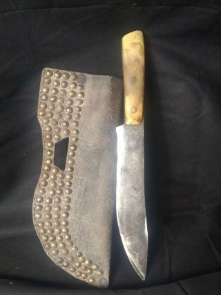 19th C Native American Indian Antler Knife & Brass Tacked Leather Sheath
