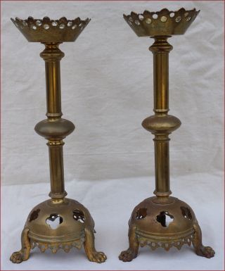 French Gothic Church Altar Candlestick Pair Brass Lion Clawns Late 19th C