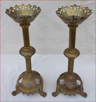 French Gothic Church Altar Candlestick Pair Brass Lion Clawns Late 19th C 2