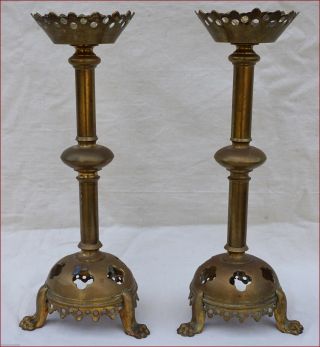French Gothic Church Altar Candlestick Pair Brass Lion Clawns Late 19th C 3