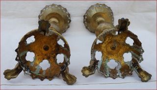 French Gothic Church Altar Candlestick Pair Brass Lion Clawns Late 19th C 4