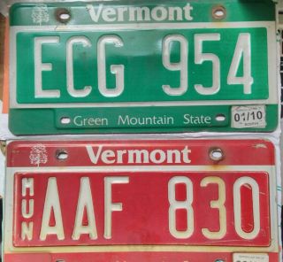 Vermont Municipal Red License Plate And Green Passenger Car Plate