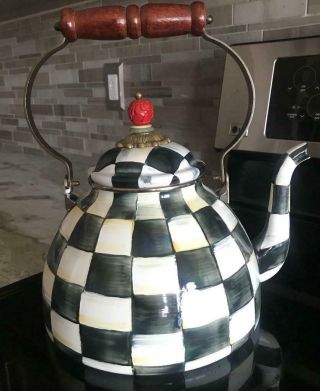 Mackenzie Childs Large Courtly Check Checkered Teapot Kettle 3 Quart