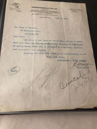 Abercrombie & Fitch Rare Signed Letter By Ezra Fitch 1908