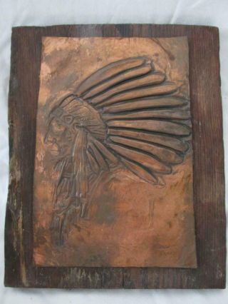 Vintage Hammered Copper Indian Chief On Barn Wood - Rustic Wall Art - Man Cave