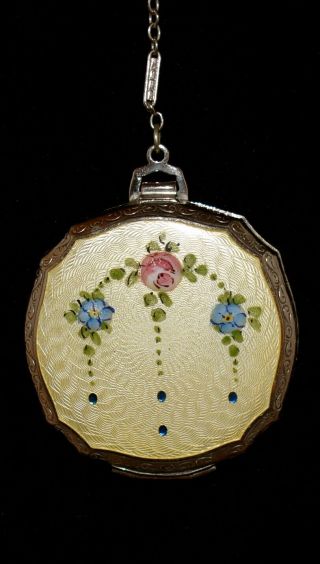 Gorgeous Antique Yellow Enamel Guilloche Hand Painted Compact W Finger Ring