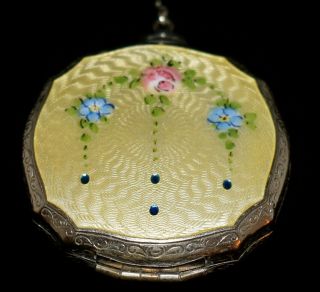 GORGEOUS Antique YELLOW ENAMEL GUILLOCHE Hand Painted COMPACT w FINGER RING 3