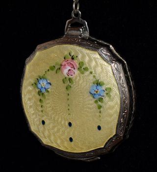 GORGEOUS Antique YELLOW ENAMEL GUILLOCHE Hand Painted COMPACT w FINGER RING 4
