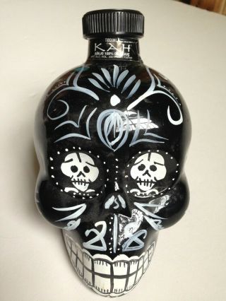Vintage Glass Kah Tequila Bottle Sugar Skull Day Dead Halloween Decor Skeleton