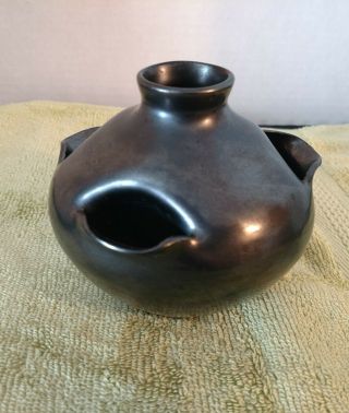Vintage Native American Pottery Vase Butterfly Metal Black Glaze Art Pottery