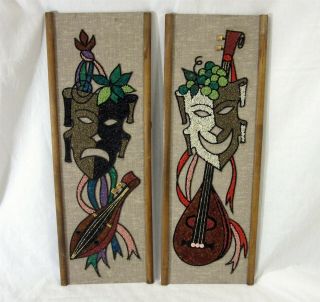 Pair Gravel Art Mosaic Wall Plaques Comedy Tragedy Vtg 1960s Mid Century Picture